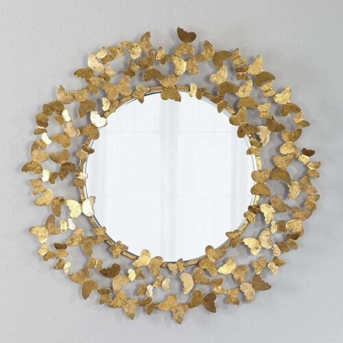 Writings on the Wall Butterfly Round Wall Mirror, Handmade, for Home, Kitchen, Living Room & Office, Gold, 2 feet, Wall Mount, Round