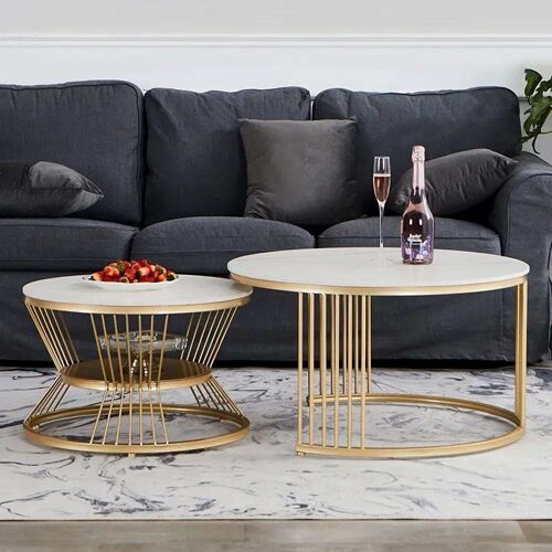 Writings on the Wall Round Nesting Coffee Table Set - Style 2, for Living Room, Bedroom, Office, Metal and Stone, Round, Set of 2