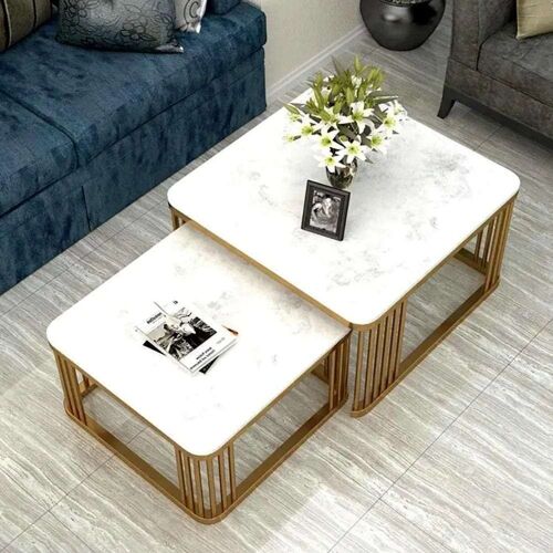 Writings on the Wall Square Nesting Coffee Table Set, for Living Room, Bedroom, Office, Metal and Stone, Square, Set of 2