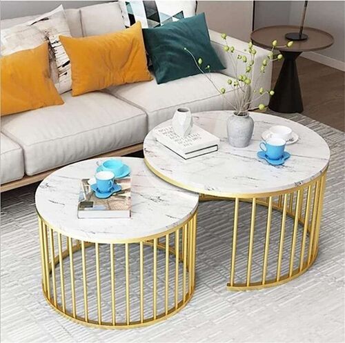 Writings on the Wall Round Nesting Coffee Table Set - Style 3, for Living Room, Bedroom, Office, Metal and Stone, Round, Set of 2