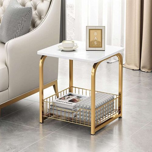 Writings on the Wall Square Side Basket Table with Marble Top, Metal and Stone, for Living room, Bedroom, Office, Square