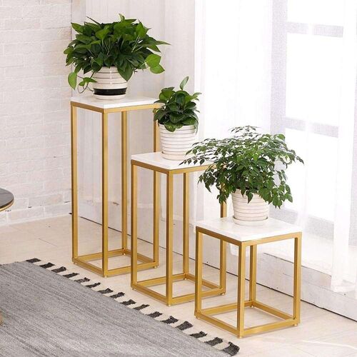 Writings on the Wall Square Top Pot Planter Stand, for Living Room, Bedroom, Office, Metal and Stone, Square, Set of 3