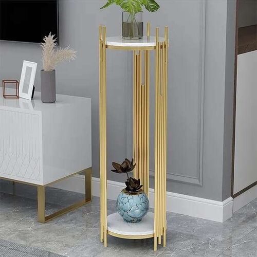 Writings on the Wall 2-Tier Long Pot Planter Stand - Style 2 for Living Room, Bedroom, Office, Metal and Stone, Round