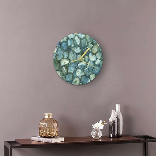 Writings on the Wall Green Agate Gemstone Round Clock with Leafing, Stylish and Latest, Handmade, Quartz Mechanism, Gold, 18 inch, Wall Mount, Round