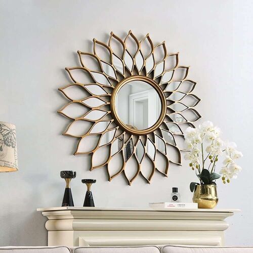 Writings on the Wall Sunflower Wall Mirror, Handmade, for Home, Kitchen, Living Room & Office, Gold, 2 feet, Wall Mount, Round