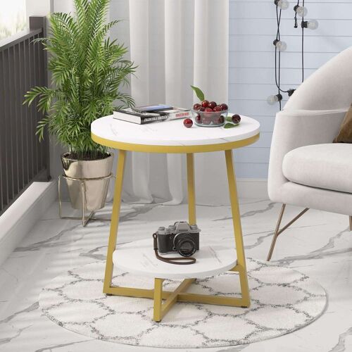 Writings on the Wall 2-Tier Round Side Table with Marble Top, Metal and Stone, for Living room, Bedroom, Office, Round