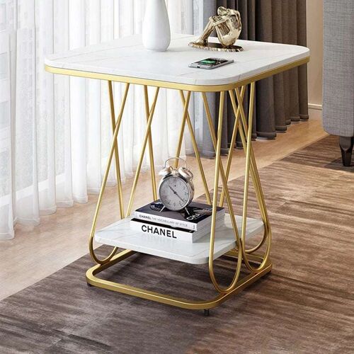 Writings on the Wall 2-Tier Square Side Table with Marble Top, Metal and Stone, for Living room, Bedroom, Office, Square