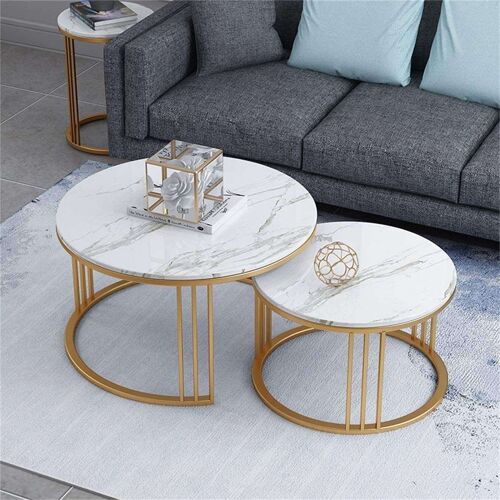 Writings on the Wall Round Nesting Coffee Table Set - Style 4, for Living Room, Bedroom, Office, Metal and Stone, Round, Set of 2
