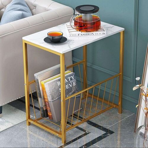 Writings on the Wall Rectangle Side Basket Table with Marble Top, Metal and Stone, for Living room, Bedroom, Office, Round