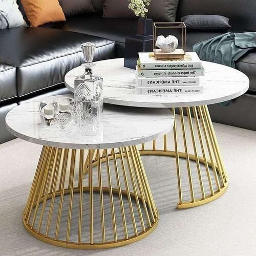 Writings on the Wall Round Nesting Coffee Table Set - Style 7, for Living Room, Bedroom, Office, Metal and Stone, Round, Set of 2