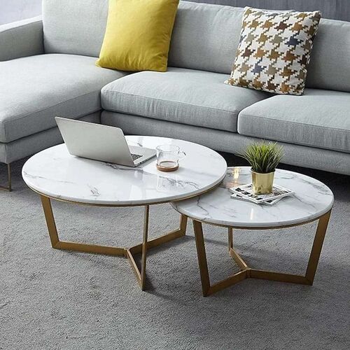 Writings on the Wall Round Nesting Coffee Table Set - Style 6, for Living Room, Bedroom, Office, Metal and Stone, Round, Set of 2