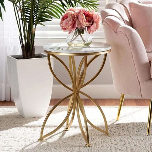 Writings on the Wall Golden Flower Side Table with Marble Top, Metal and Stone, for Living room, Bedroom, Office, Round