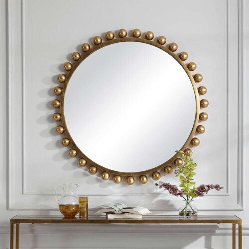 Writings on the Wall Pearl Necklace Wall Mirror, Handmade, for Home, Kitchen, Living Room & Office, Gold, 2 feet, Wall Mount, Round