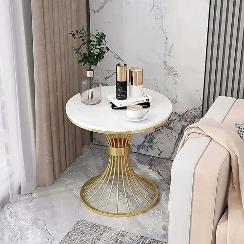 Writings on the Wall Piped Design Side Table with Marble Top, Metal and Stone, for Living room, Bedroom, Office, Round