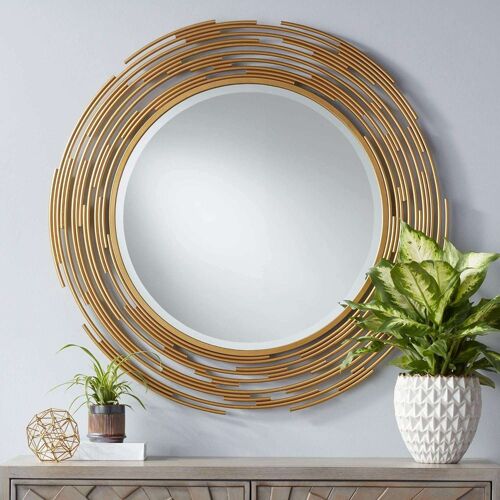 Writings on the Wall Round Dashes Wall Mirror, Handmade, for Home, Kitchen, Living Room & Office, Gold, 2 feet, Wall Mount, Round