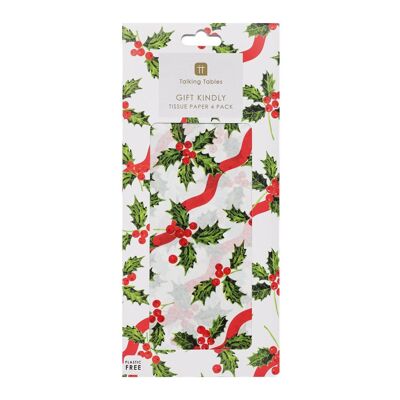 Papel de seda navideño Holly White - 4 hojas