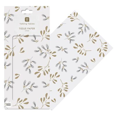 Papel de seda navideño blanco con muérdago - 4 hojas