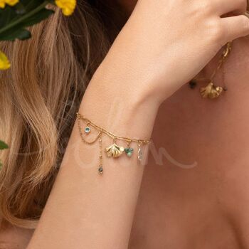 Bracelet Suzanne - pierres naturelles, fleur émaillée, ginko 1
