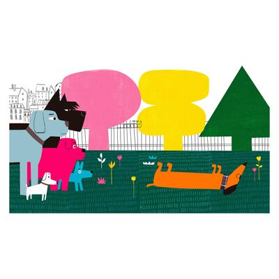 Illustration "Chiens dans le parc" par Mikel Casal. Reproduction A4 signée