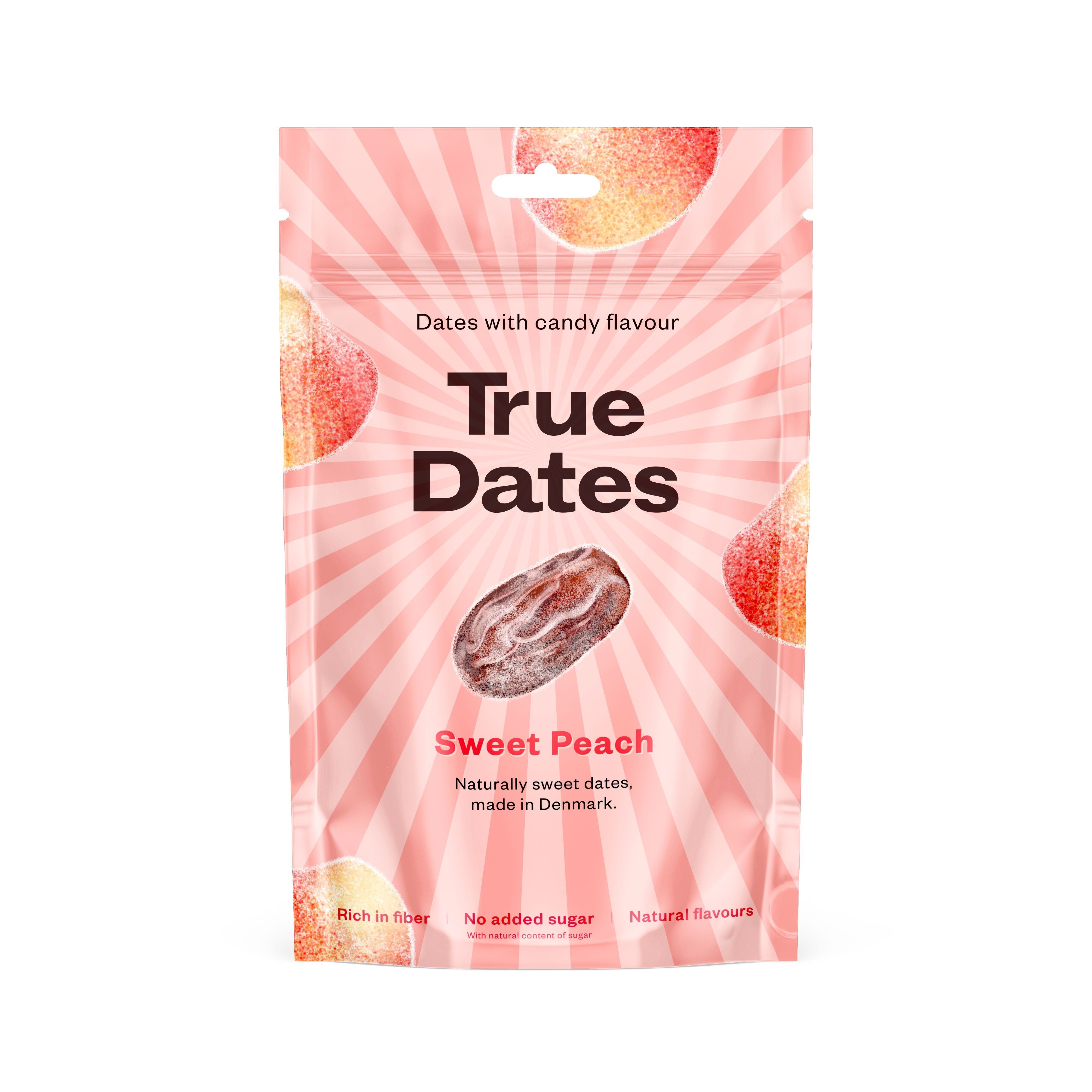 True Dates Datteri dolci al gusto pesca, un'alternativa sana alle caramelle gommose con cuore di pesca