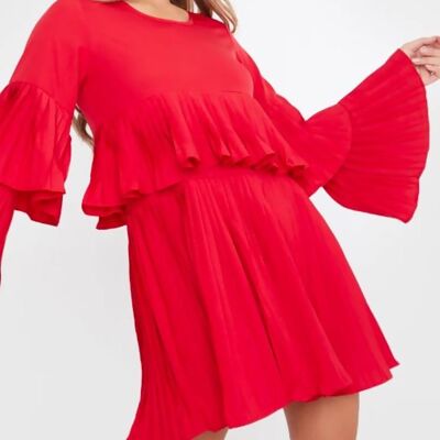 ROBE SMOCKÉE À MANCHES LONGUES PLISSÉE ROUGE-CXK326