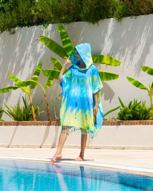 TIE DYE Hooded Beach Poncho | Green - Blue, with Recycled Gift Box