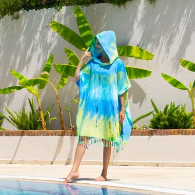 Poncho da spiaggia con cappuccio TIE DYE | Verde - Blu, con confezione regalo riciclata