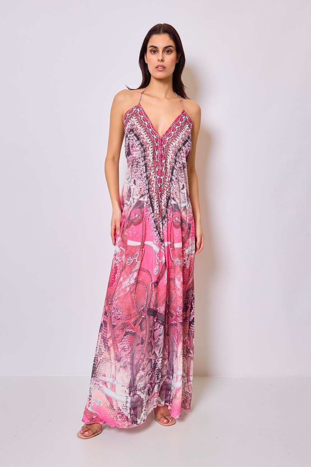 Abito lungo stampato con strass - 5512