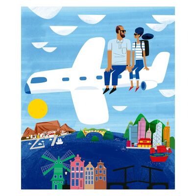 Ilustración "Viajar juntos" de Mikel Casal. Reproducción A4 firmada
