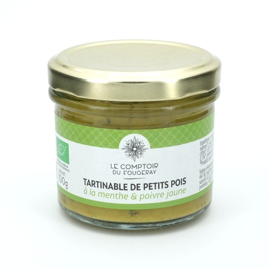 Tartinable BIO de petits pois à la menthe & au poivre jaune de Kâmpôt 100g (Le Comptoir du Fougeray)