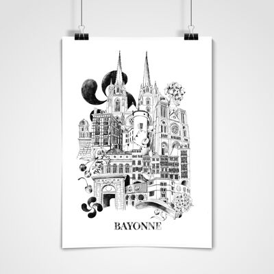 Affiche Bayonne - La Ville. Poster décoratif. Illustration monochrome originale et fait main.