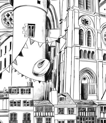 Affiche Bayonne - La Ville. Poster décoratif. Illustration monochrome originale et fait main. 4