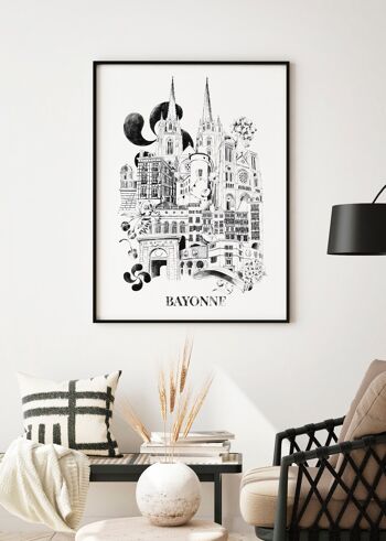 Affiche Bayonne - La Ville. Poster décoratif. Illustration monochrome originale et fait main. 5