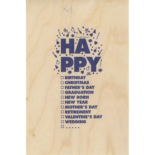 Carte en bois- greetings 3TY hap blue