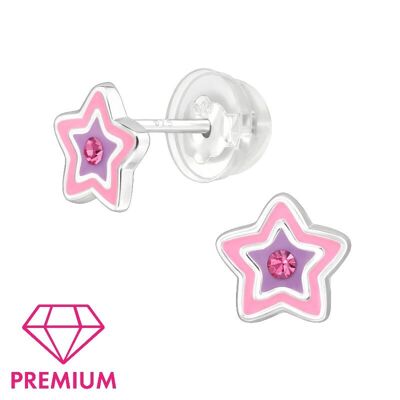 Orecchini a bottone per bambini in argento sterling con stella rosa e viola con cristalli