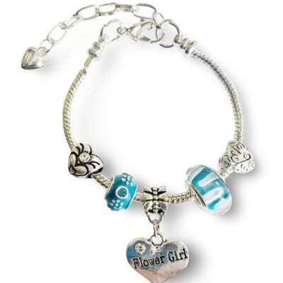 Pulsera de cuentas chapada en plata ajustable para niños con diseño de "niña de las flores azules"