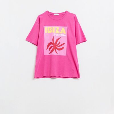 T-shirt comoda fucsia Ibiza Bohemia con stampa rosa