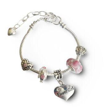 Bracelet de perles à breloques plaqué argent réglable 'Pink Flower Girl' pour enfants 1