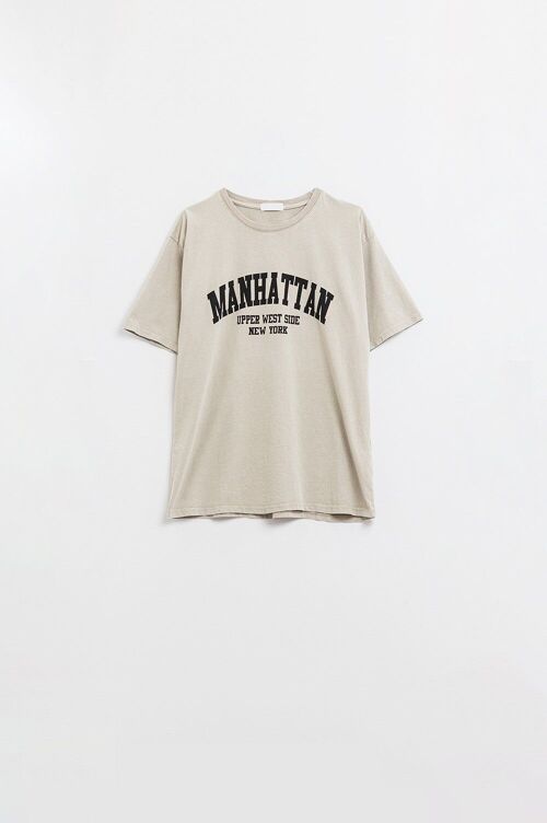 Short Sleeve T-shirt With Graphic Text Manhattan In Beige