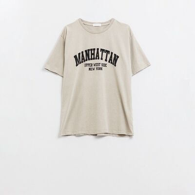 Kurzärmliges T-Shirt mit grafischem Text Manhattan in Beige