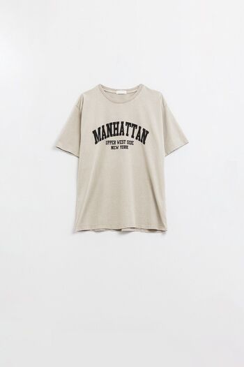 T-shirt à manches courtes avec texte graphique Manhattan en beige 1