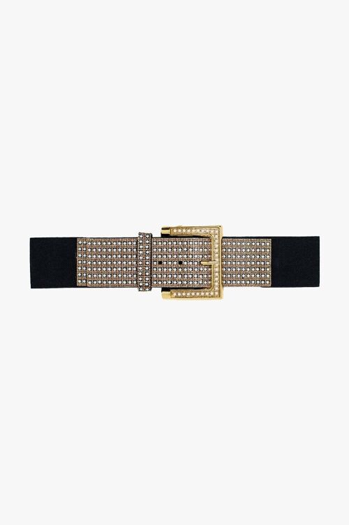 Wide Black Belt With Studded Strass Design And Squared Buckle.
