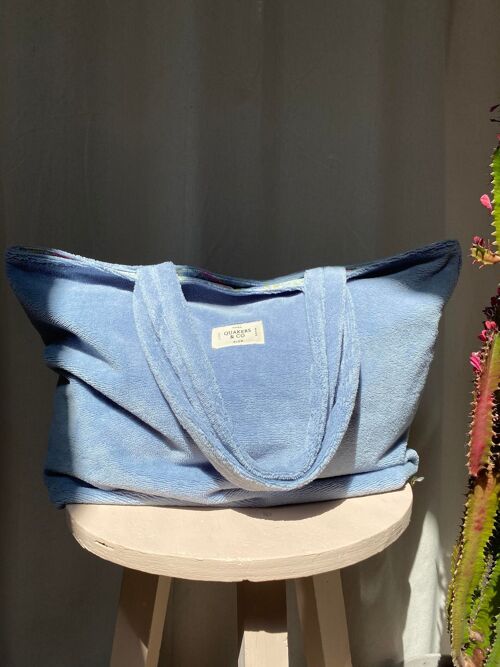 Grand sac cabas réversible en éponge de bambou certifiée OekoTex - couleur BLEU BALTIQUE