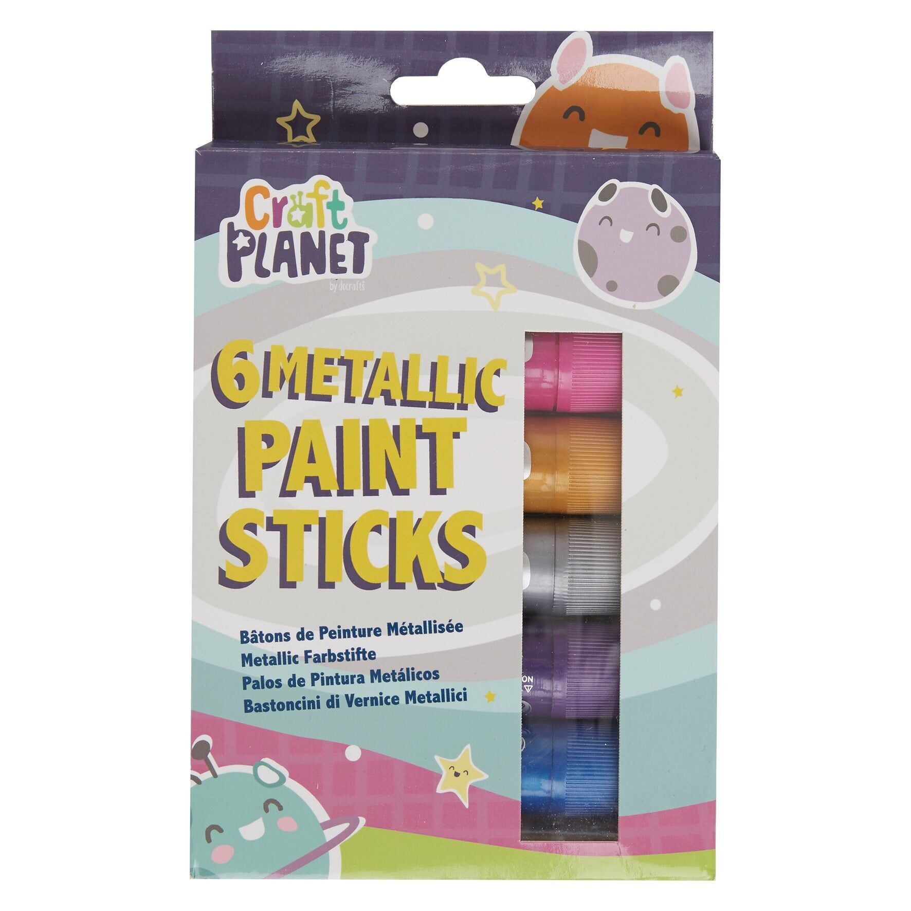 Craft Planet Paint Pens - 6 barras de pintura lavables para niños en varios colores metálicos - Opción de pintura perfecta para niños, bebés, para pintar con los dedos, carteles, huellas de manos, manualidades y arte de ventanas