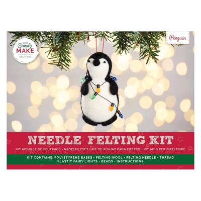 Kit de fieltro con aguja Simply Make - Diseño de pingüino con luces de hadas para niños y adultos, que incluye lana, agujas y todas las herramientas, perfecto para manualidades para adultos y principiantes - Kit de arte y manualidades con fieltro con aguja