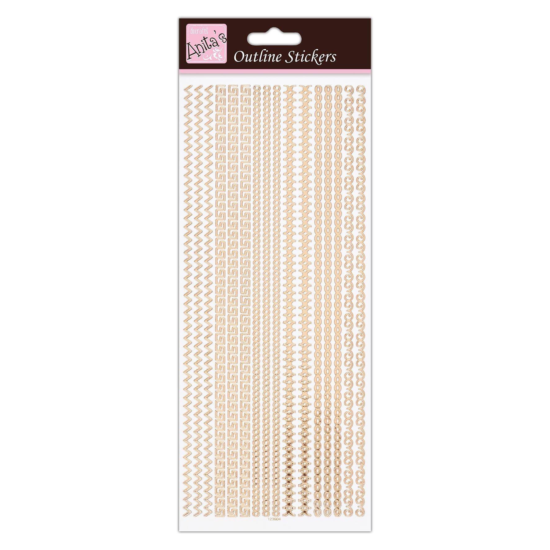Adesivi con contorni di Anita, Bordi multicolori, Oro rosa su bianco, Per scrapbooking, Creazione di cartoline, Gioco per bambini, Compiti a casa, Arte, Artigianato, Abbellimento, Decorativo, Carta, Cartoncino, Vetro, Metallo, Plastica, Schiuma