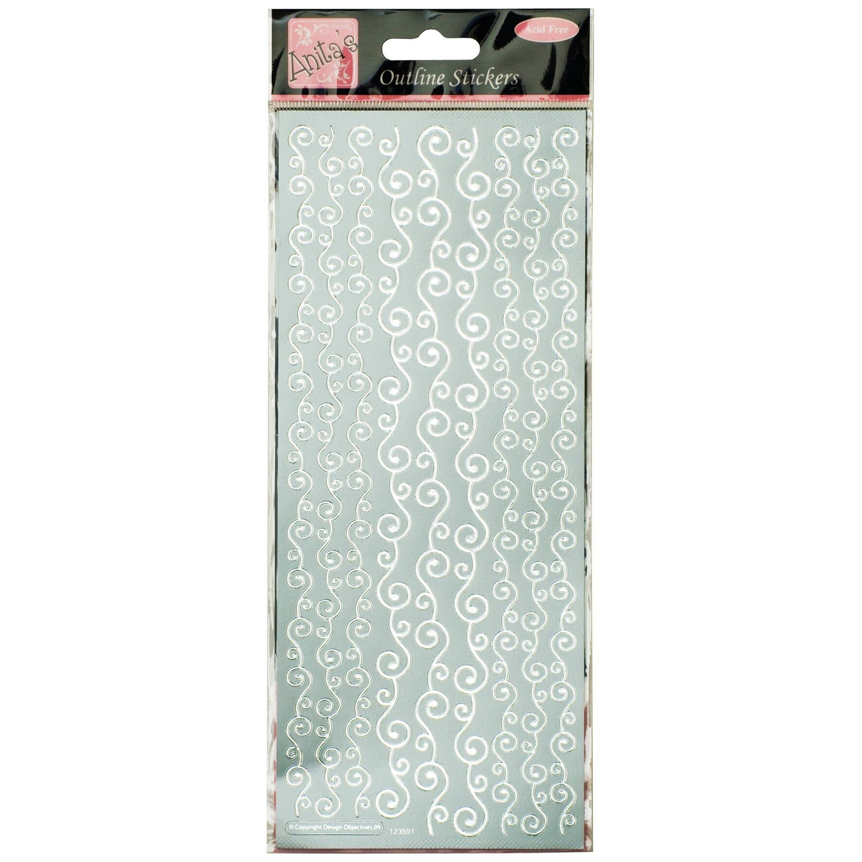 Autocollants de contour d&#039;Anita, bordures tourbillonnantes, argent, pour le scrapbooking, la fabrication de cartes, les jeux d&#039;enfants, les devoirs, l&#039;art, l&#039;artisanat, l&#039;embellissement, la décoration, le papier, la carte, le verre, le métal, le plastique, la mousse