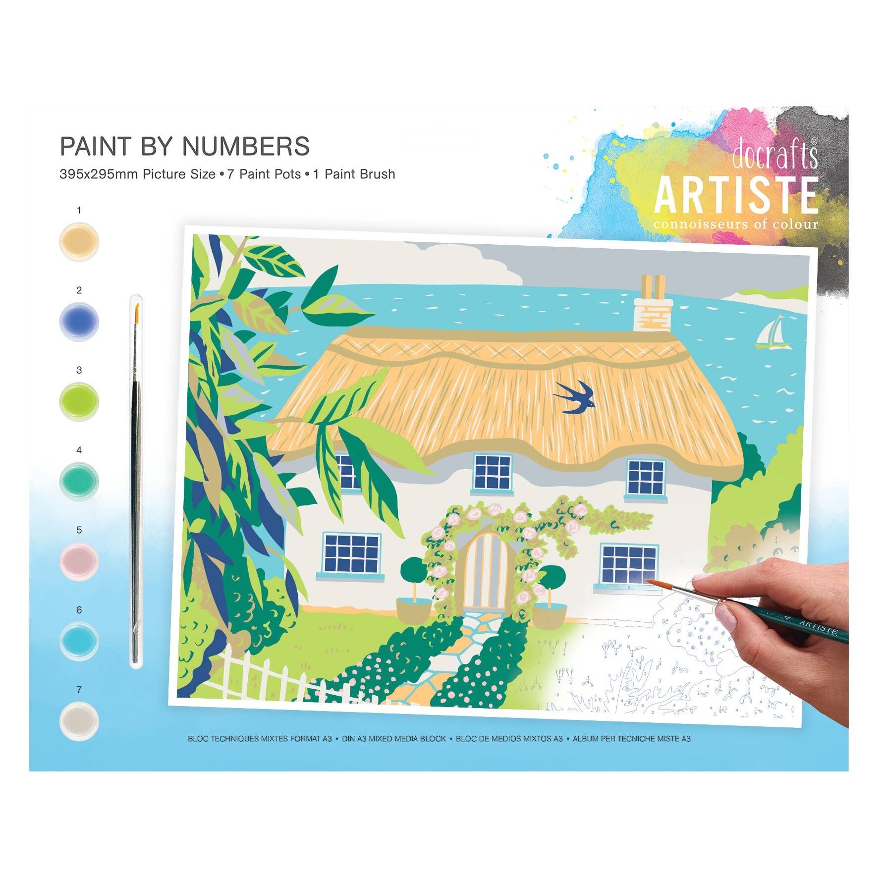 Artiste Grande Dipingi con i Numeri Country Cottage Vernice a 7 Colori, 1 Pennello, Set per Lavoretti per Adulti e Bambini, Hobby per Principianti
