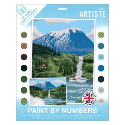 Artiste Set di colori acrilici con i numeri - Cascata di montagna - 14 colori diversi, 3 pennelli, artigianato fai-da-te ideale per adulti o bambini più grandi, un capolavoro d'arte con i numeri