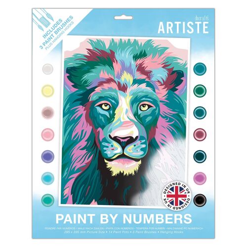 Artiste Acrylic Paint By Numbers Art Set - Courageous Lion - 14 Different Colour Paints, 3 Brushes, Ideal DIY Craft For Adults Or Older Kid, Brush A Masterpiece Art Work